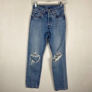 Levis 501 Original Fit Jeans Womens 24x30 Light Wash Distressed Button Fly Blue